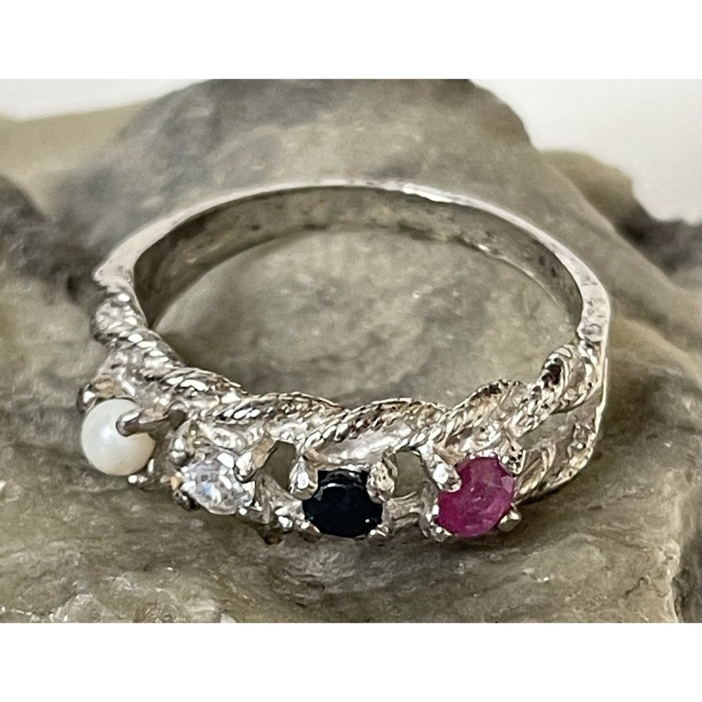 Genuine Gemstones 925 Silver Plated Ring 5.75 Pink Topaz Black Spinel Pearl CZ